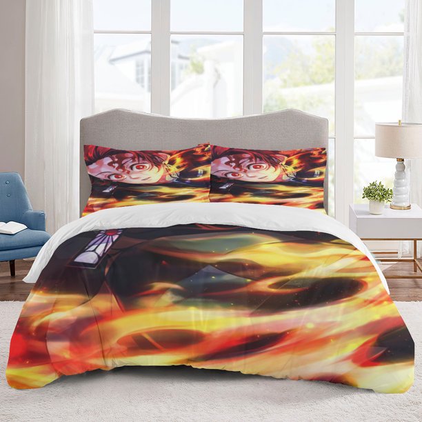 Demon Slayer Bedding Sets Cartoon Duvet Cover Lightweight 3 Piece Bet Sets for Kids Boys Girls