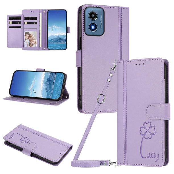 Funda Cartera Trébol para Motorola Moto G Play 2024 4G con Ranuras Tarjetas y Carga Inalámbrica Morado claro