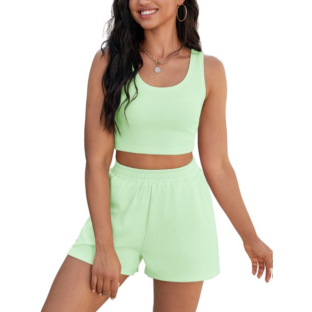 ATHLECHIC Conjuntos de 2 Piezas para Mujer, Top Corto de Punto Acanalado y Shorts con Bolsillo M Verde Claro