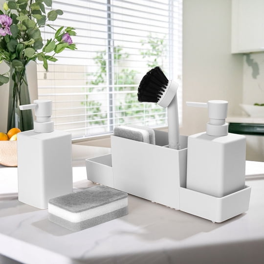Dispensador De Detergente Doble Porta Esponga + Cepillo Para Cocina Material Abs Resistente