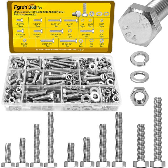 Kit de pernos hexagonales Fgruh de 260 piezas, acero inoxidable 304