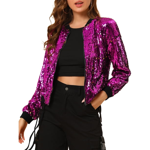 INSPIRE CHIC Chaqueta de Mujer con Lentejuelas Cierre de Cremallera Bolsillos Ocultos Chaqueta Bomber S Fucsia