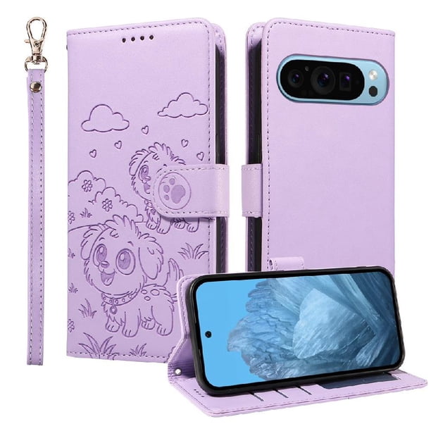 Funda Cartera para Google Pixel 9 Pro XL Perro Cachorro Grabado con Tarjetas Soporte Correa Morado