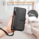 thumbnail image 4 of Funda tipo cartera para Realme 10T 5G con bolsillo con cremallera, tarjetero, soporte, correa para la muñeca y tapa de cuero Negro, 4 of 5