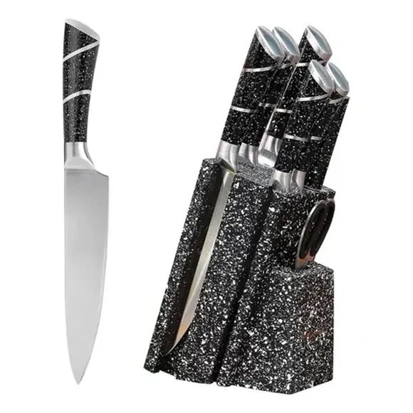 Cuchillos de Cocina Set 8 Piezas Acero Inoxidable Marmoleado Negro con Base Antideslizante