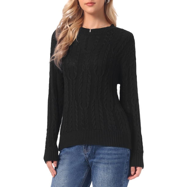 INSPIRE CHIC Suéter de Punto Cable para Mujer Cuello Redondo Hombro Caído Manga Larga Casual Otoño Invierno Suéter L Negro