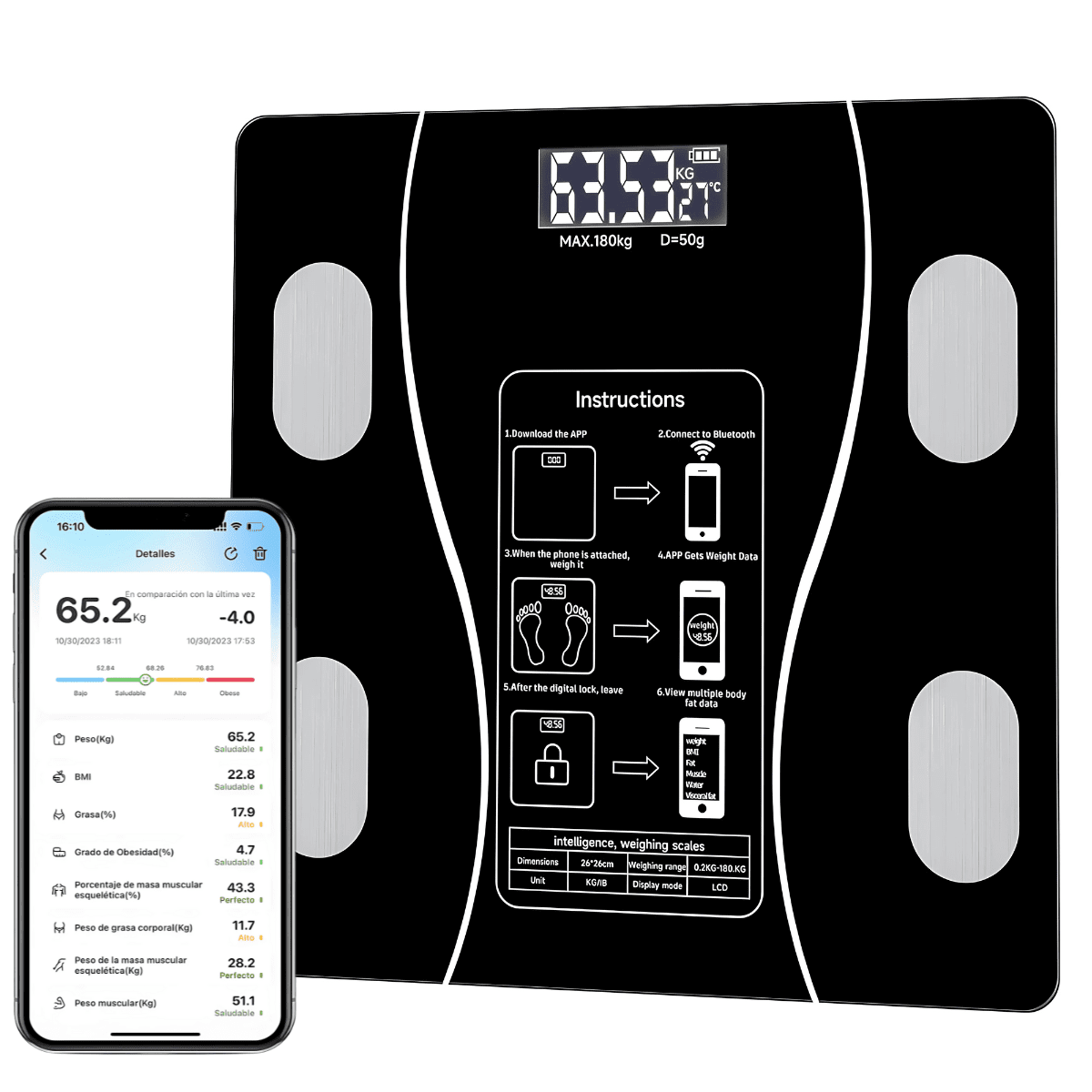 Linea Sport - Báscula Digital Inteligente Con Bluetooth Para Baño Inalámbrica