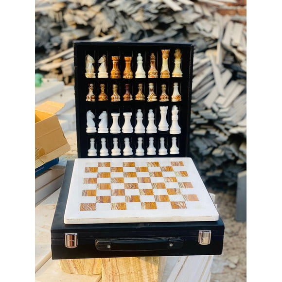Set de ajedrez NatureBoost de mármol blanco y verde con caja de regalo