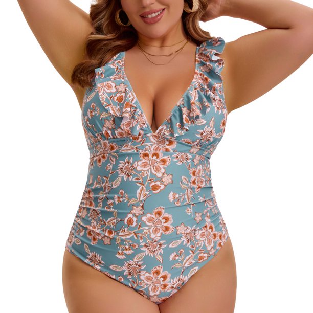 Agnes Orinda Traje de Baño de Una Pieza para Mujer Talla Grande Control de Abdomen Push Up Volantes Cuello en V Encaje Traje de Baño para Fiesta en la Playa o Piscina Talla 1X Verde Salvia