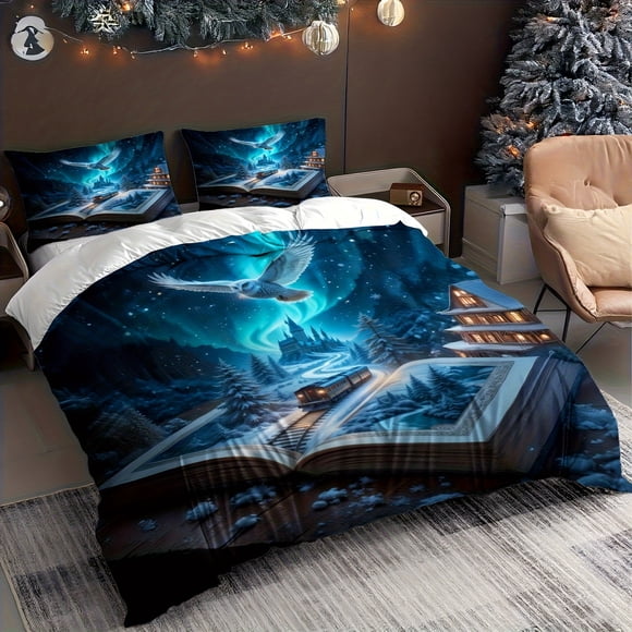 Owl Train and Castle Winter Fantasy Story Journey Design Innovative Cartoon Duvet Cover for Single/Double Bed 1 Duvet Cover + 1/2 Pillowcases Soft Light Beige-F
