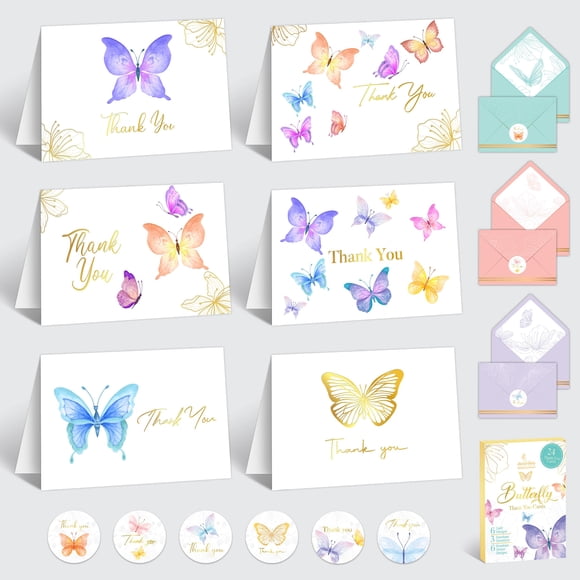 Tarjetas de agradecimiento con forma de mariposa chapada en oro, paquete de 24