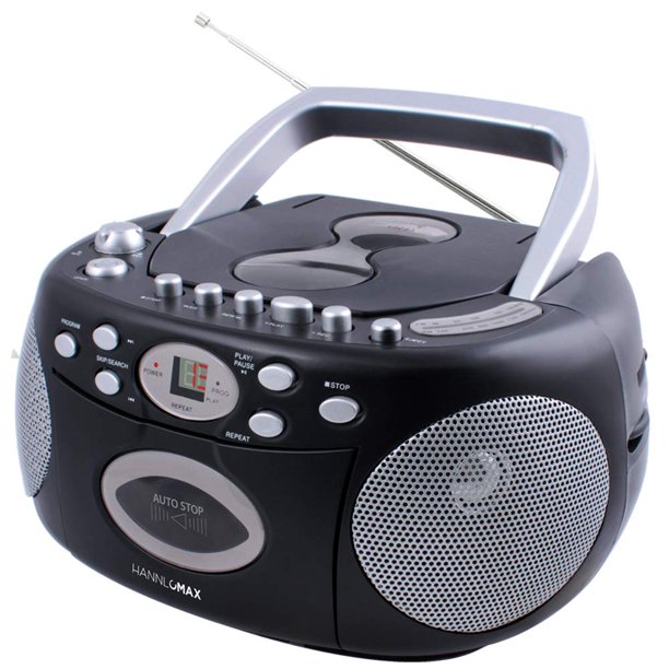 Reproductor de CD portátil HANNLOMAX HX-323CD, radio AM/FM, grabadora de casetes, graba desde CD o radio, con entrada para audífonos, fuente de energía dual AC/DC. (Negro)
