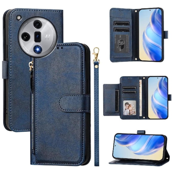 Funda tipo libro para OPPO Find X7 con bolsillo con cremallera, cierre magnético, 7 ranuras para tarjetas y correa para la muñeca.