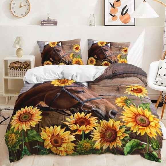 Rural Horse Sunflower Farmhouse Quilt Duvet Cover Set Bedclothes Children3-Piece Bedding Set