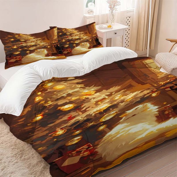 3pcs Christmas White Cat Illustration Bedding Set Soft And Comfortable Suitable for All Seasons