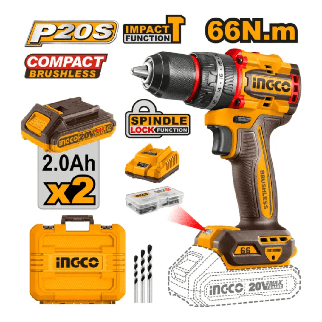 Ingco - Taladro Atornillador Percutor De Impacto Inalámbrico 66nm 13mm + 2 Baterías 2ah + Cargador Rápido