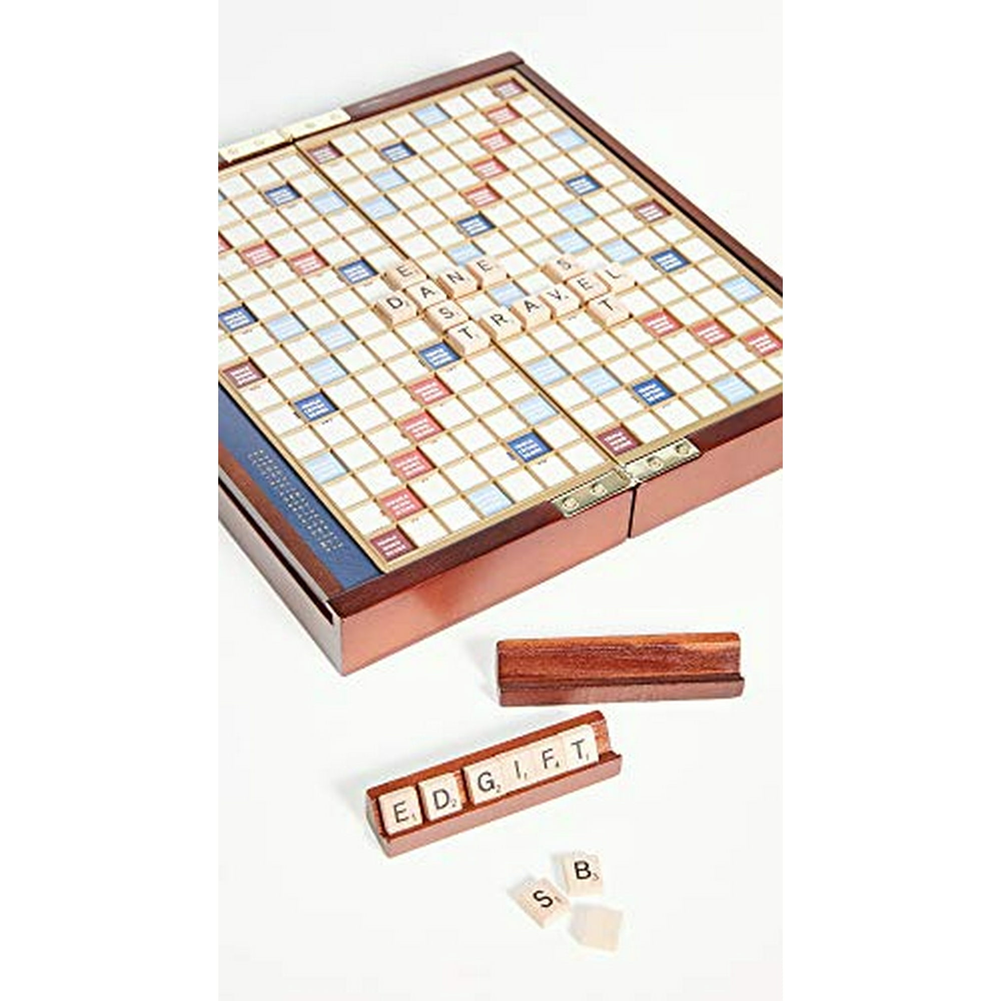 Scrabble Deluxe Travel – édition De Voyage En Coffret Bois, Plateau Avec Grille, 100 Lettres En Bois – 2 à 4 Joueurs