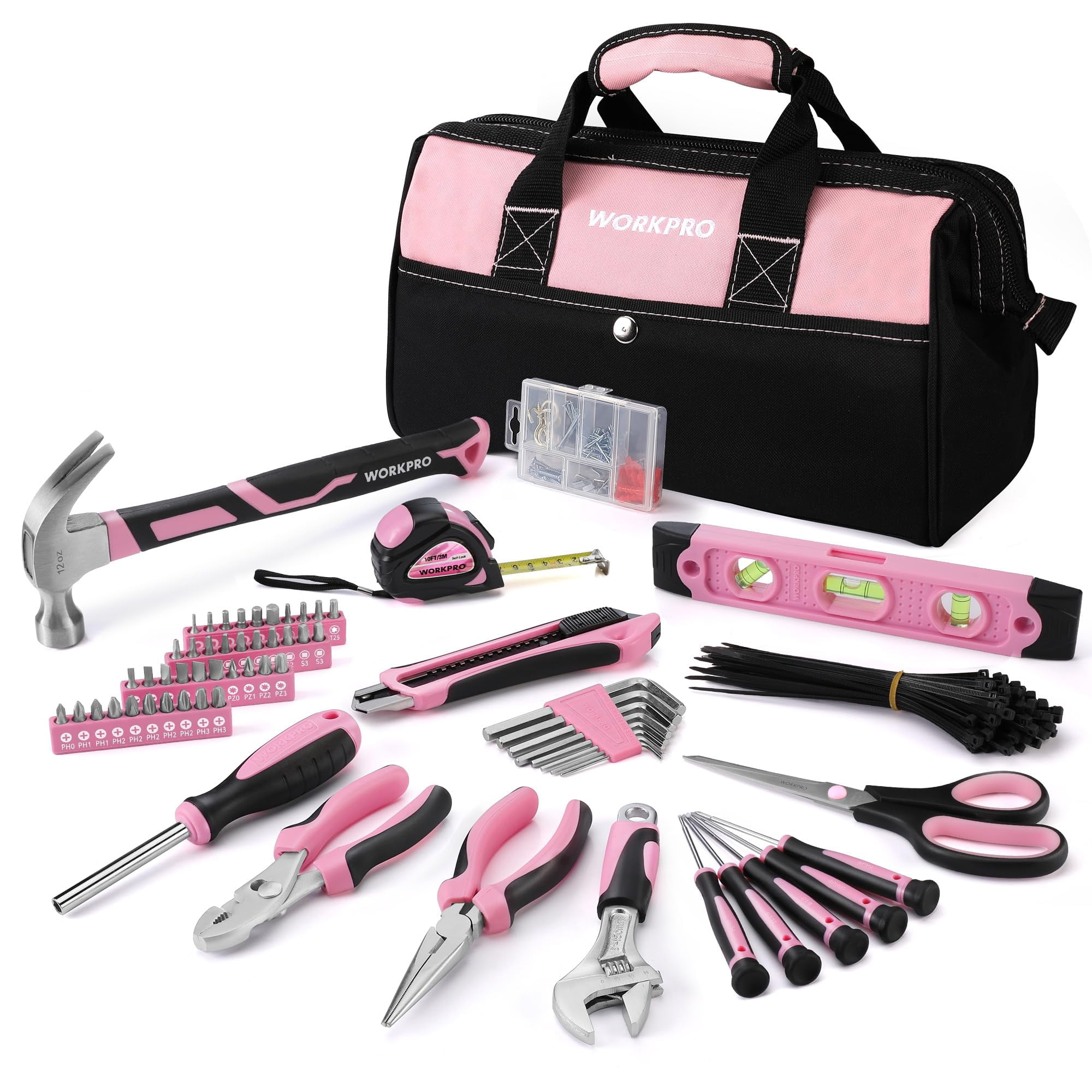 Kit De Herramientas Workpro Pink De 263 Piezas Con Bolsa De Almacenamiento Para Reparaciones En El Hogar