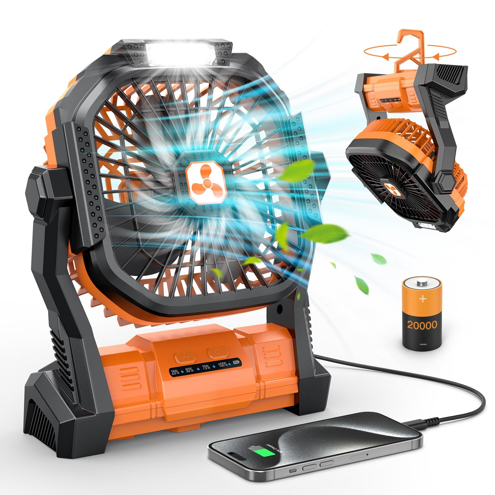 Ventilador Portátil Onlynew Recargable Con Linterna Led De 23 Cm
