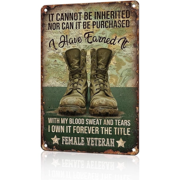 Letrero vintage metal mujer veterana retro militar decoración pared hogar oficina bar botas ejército cita 30x20 cm
