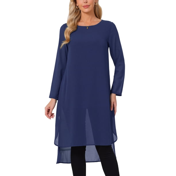 INSPIRE CHIC Blusas de mujer con bajo alto bajo, cuello redondo, blusa de gasa asimétrica, camisa suelta de manga larga con abertura lateral, tops casuales M azul oscuro