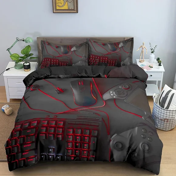 x1055 Bed SheetsKids Teens Video Games Duvet Cover Set Boys Gamer Comforter Cover Gaming Controller Pattern Bedding Set Polyester Quilt Cover 3-Piece Bedding Set (1 Duvet Cover + 2 Pillow Shams) nj105