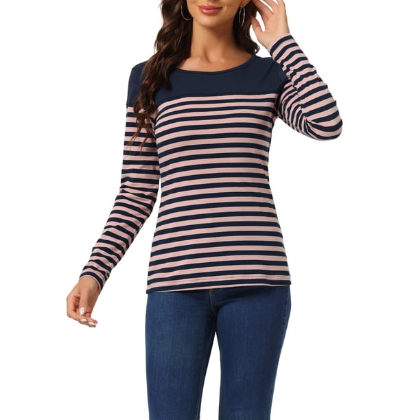 INSPIRE CHIC Blusa de Mujer para Regreso a Clases con Bloque de Color a Rayas de Manga Larga Camiseta Casual XL Azul Rosa