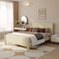 M&Ms - Queen Size Wood Bed Frame,Wood Platform Bed With Headboard,Solid Wood Legs, Mattress Foundation With 10 Wooden Slats,No Box Spring Needed,Beige