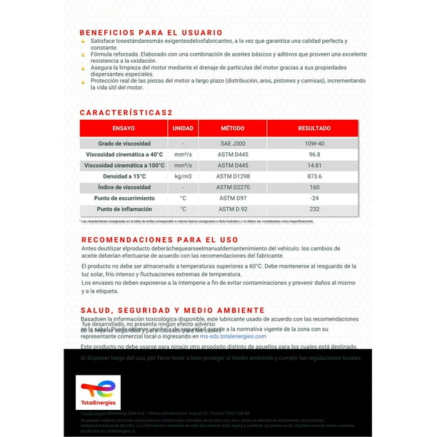 ACEITE MOTOR 10W40 TOTAL QUARTZ 7000 LITROS amarillo Lider