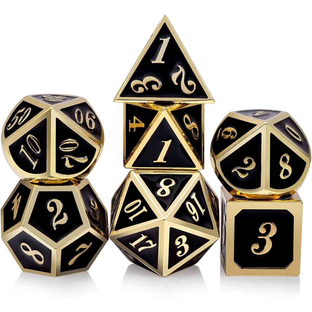 Set Dados Metalicos Dndnd 7 Unidades Negro Dorado Rpg