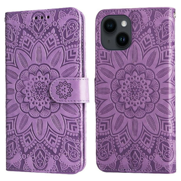 Funda tipo cartera FOXDOCK para iPhone 13 , diseño girasol en relieve, cuero PU, cierre magnético, soporte y tarjetero