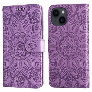 Funda Tipo Cartera Foxdock Para Iphone 13 , Diseño Girasol En Relieve, Cuero Pu, Cierre Magnético, Soporte Y Tarjetero