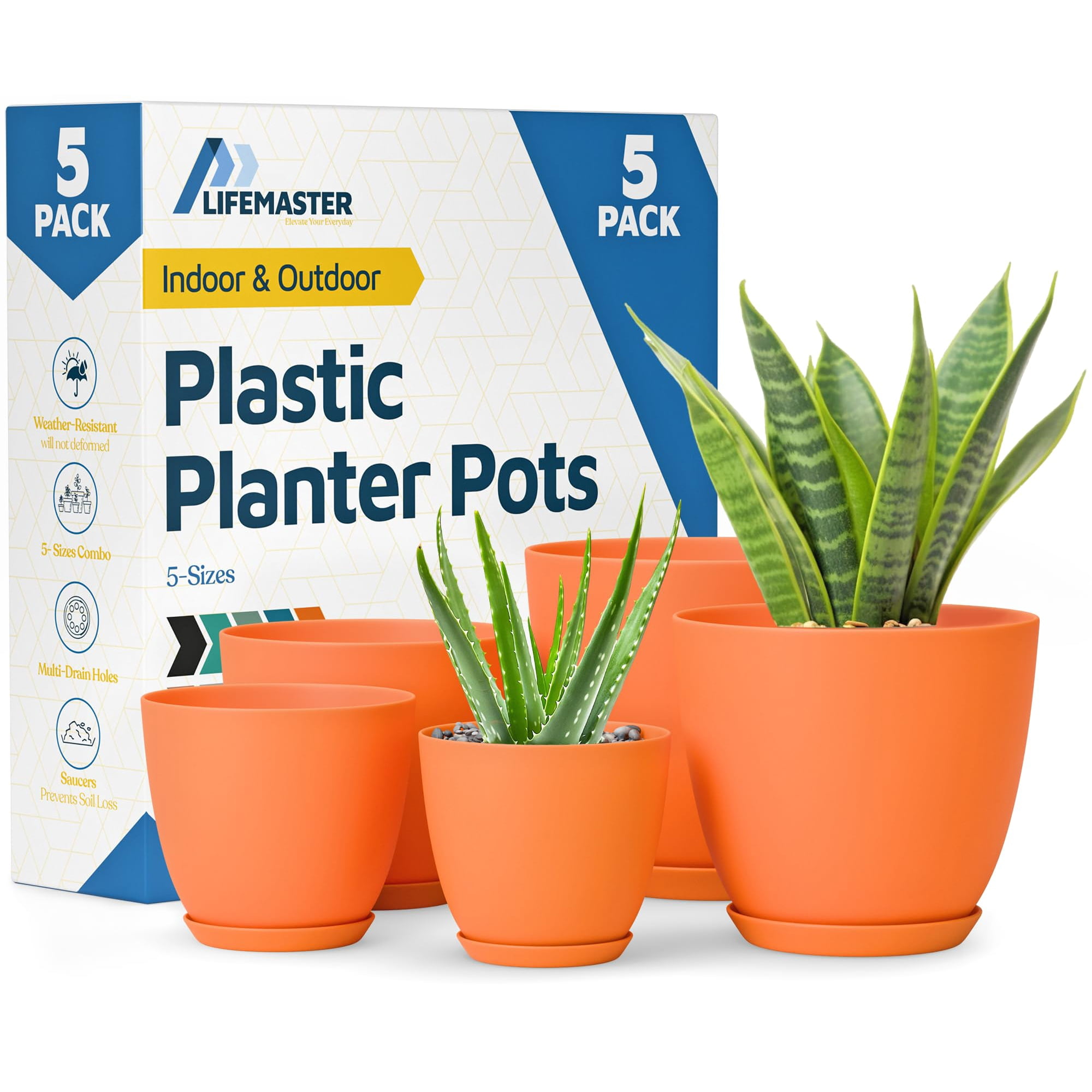 Lifemaster - Macetas De 5 Piezas Con Platos De Drenaje Amarillos