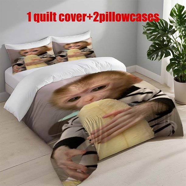3pcs Little Monkey Eats Banana Themed Printed Bedding Set Duvet Cover and Pillowcases