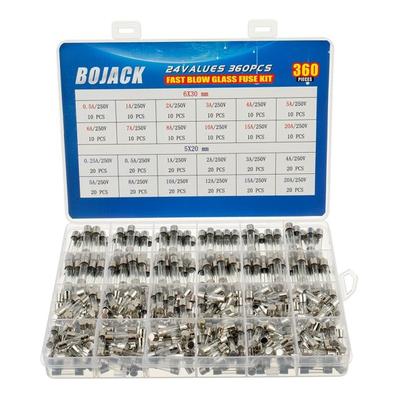 BOJACK 24 Values 360 pcs Fast-Blow Glass Fuses Assortment Kit