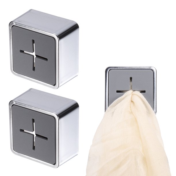 2 Pcs Ganchos para Toallas de Empuje, Gancho Cuadrado Adhesivo para Toallas de Cocina, Baño, Manos y Platos, Instalación Fácil en Pared, Gris Brillante