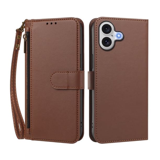 Funda Tipo Billetera para iphone17 con Soporte y Bolsillo con Cierre Marrón