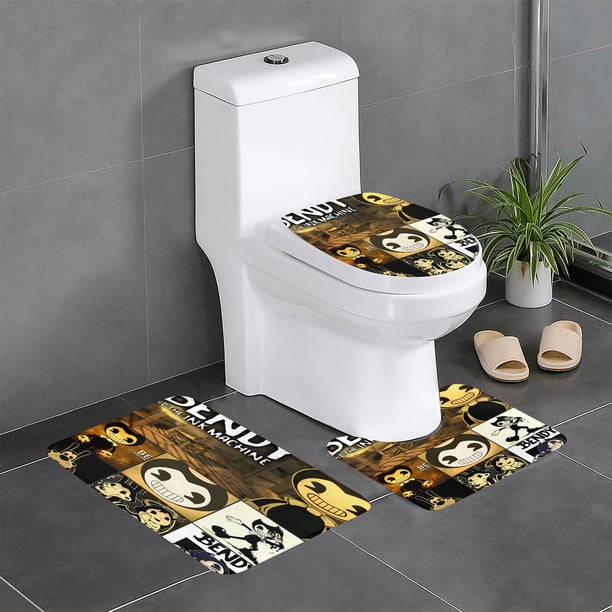 Bendy and the Ink Machine Juego de 3 alfombras de baño de coral fleece: tapete de baño + alfombra de inodoro en forma de U + funda de tapa de inodoro en forma de O