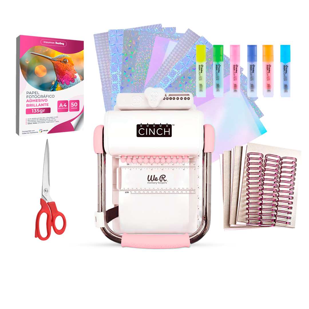 We R Memory Keepers - Kit Encuadernadora Cinch Rosa + Papel Adhesivo + Planner A5