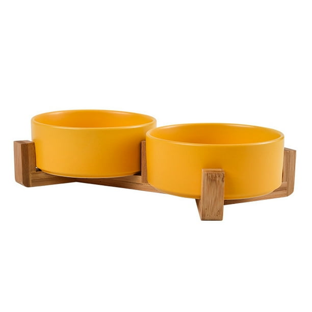 Cuencos para mascotas, juego de cuencos de cerámica para perros y gatos con soporte de madera para comida y agua, cuencos antideslizantes y bonitos para mascotas.