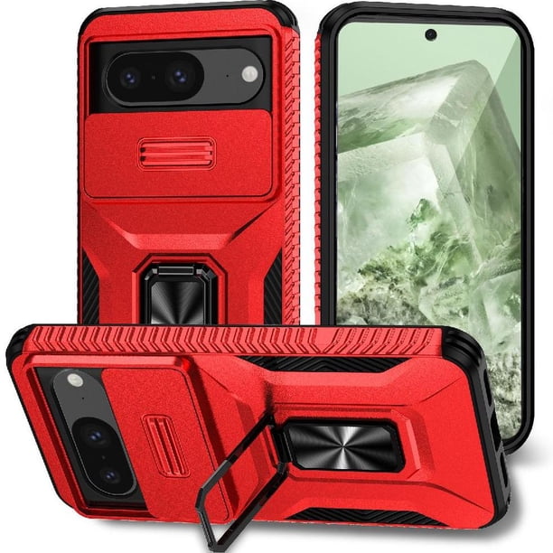 Funda Armada para Google Pixel 8 con Tapa Deslizante y Soporte Magnético Giratorio Rojo