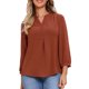 thumbnail image 1 of INSPIRE CHIC Camisa con Botones de Cuello en V para Mujeres, Manga 3/4, Adorno Plisado, Blusa Casual Henley, Talla S, Rojo Ladrillo, 1 of 6