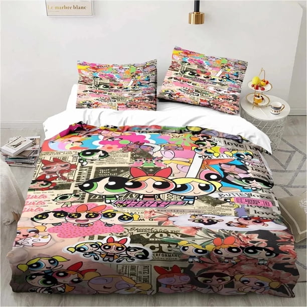 v2711 Bed Sheets The Powerpuff Girls King Size Bedding Sets Anime Cosplay Cute Bed Quilt Covers Pillowcases Bedroom Duvet Cover Sets 3-Piece Bedding Set (1 Duvet Cover + 2 Pillow Shams) Bed Sheets ju2
