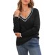 thumbnail image 1 of INSPIRE CHIC Suéter de Cuello en V para Mujer de Manga Larga a Rayas Suéter Suave Casual de Otoño S Negro, 1 of 6