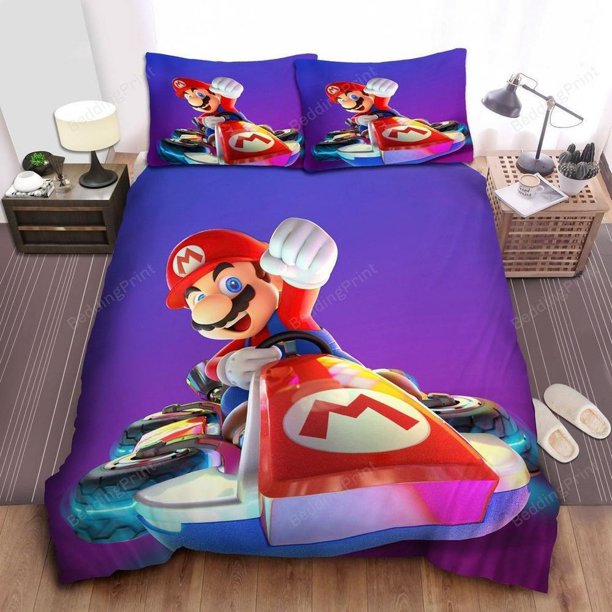 Super Mario On Super Racing Kart Quilt Duvet Cover Set Bed Linen Queen3-Piece Bedding Set