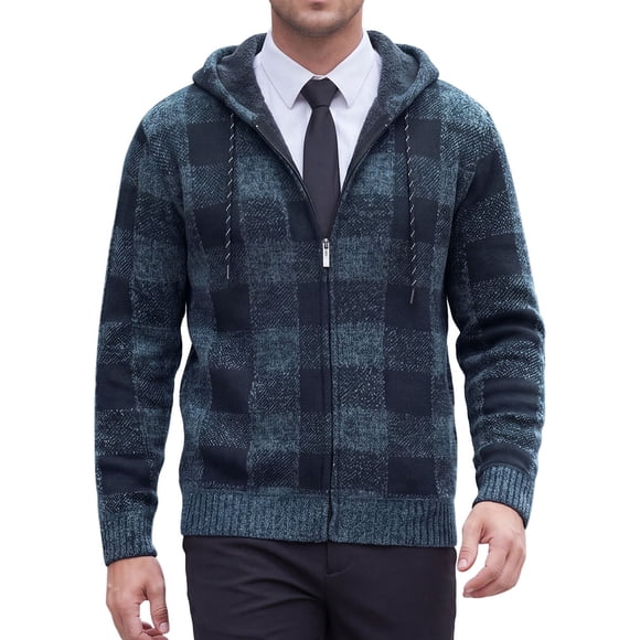 INSPIRE CHIC Chaqueta de Suéter de Punto a Cuadros con Forro de Lana y Cremallera con Capucha para Hombre L Azul Oscuro