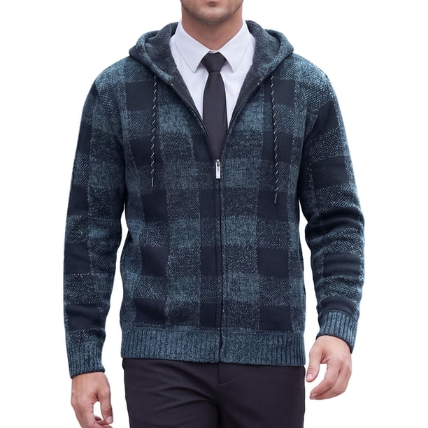INSPIRE CHIC Chaqueta de Suéter de Punto a Cuadros con Forro de Lana y Cremallera con Capucha para Hombre L Azul Oscuro