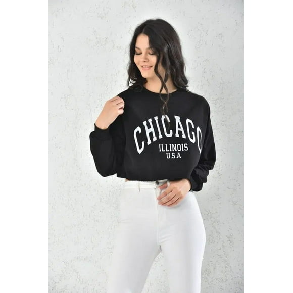 Poleron Chicago Manga Larga Crop Mujer Negro Talla M