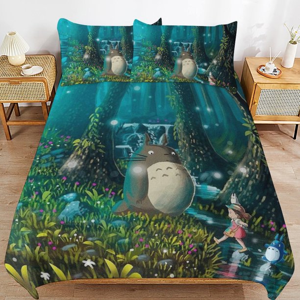 x445 My Neighbor Totoro Bed Duvet Cover Microfiber Bedding Sets 3D Printed Lightweight 3 Piece Comforter Sets, 1 Duvet Cover And 2 Pillow Shams for Kids Boys Girls 90"x90" jn445