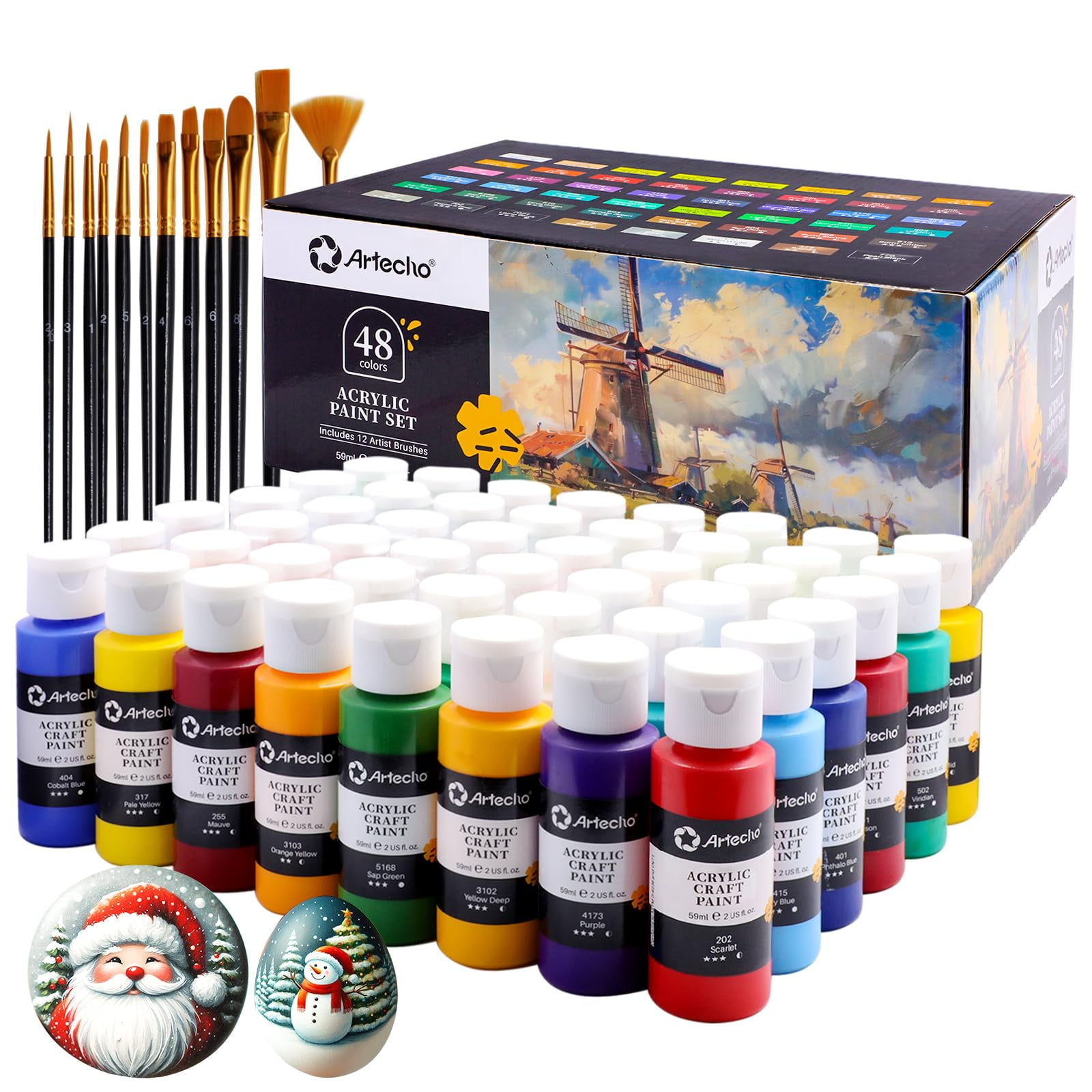 Set De Pintura Acrílica Artecho 48 Colores 59 Ml Con 12 Pinceles